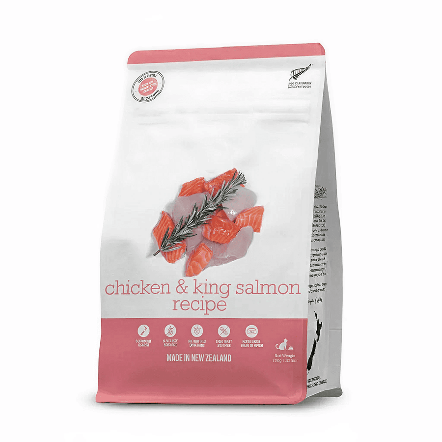 Chicken and king salmon dry cat food bag
